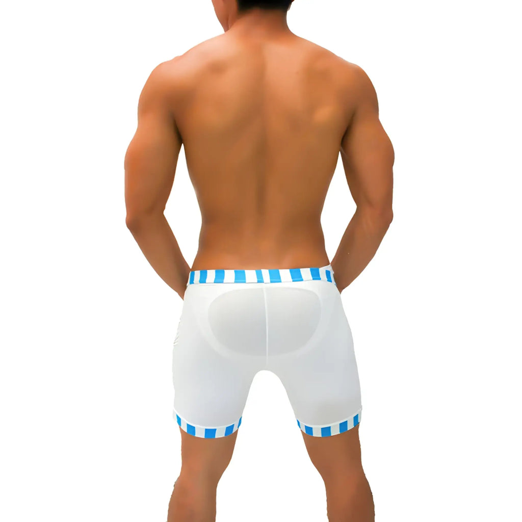 White icker sea lines candy stripe trim shorts with blue and white striped waistband and padded back panel shown from back