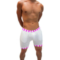 White mesh shorts with vibrant pink and white striped candy stripe trim waistband and hem featuring drawstring closure