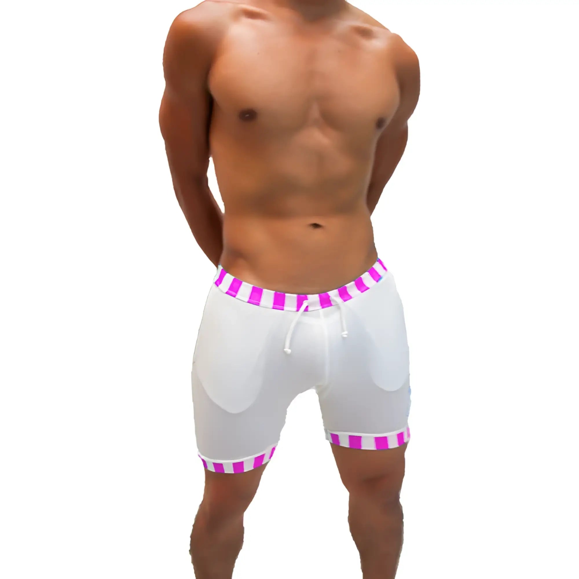 White mesh shorts with vibrant pink and white striped candy stripe trim waistband and hem featuring drawstring closure