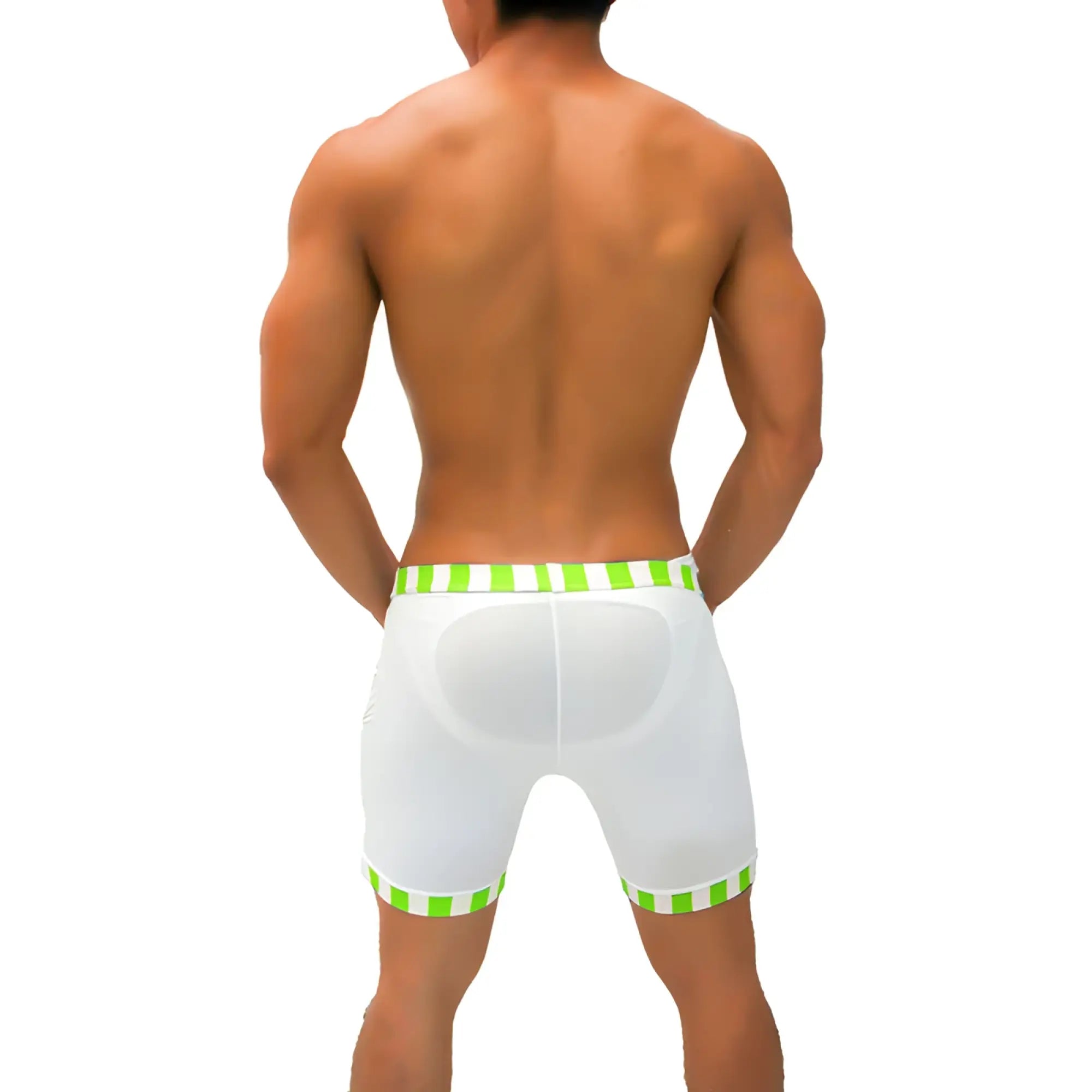White athletic shorts with lime green and white striped waistband hem translucent mesh and padded back panel view