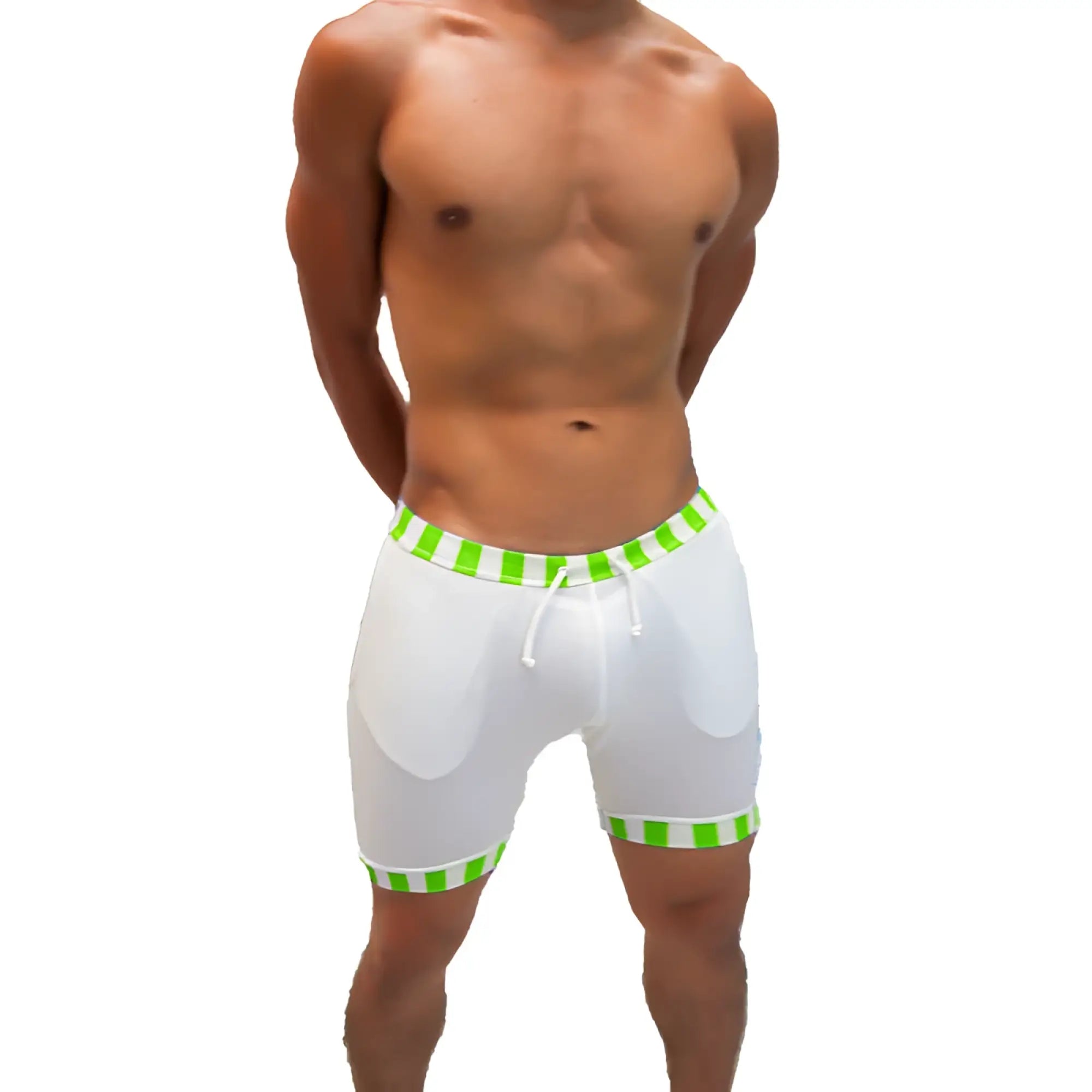 White athletic shorts with bright green and white striped trim waistband and hem and drawstring closure from icker sea lines
