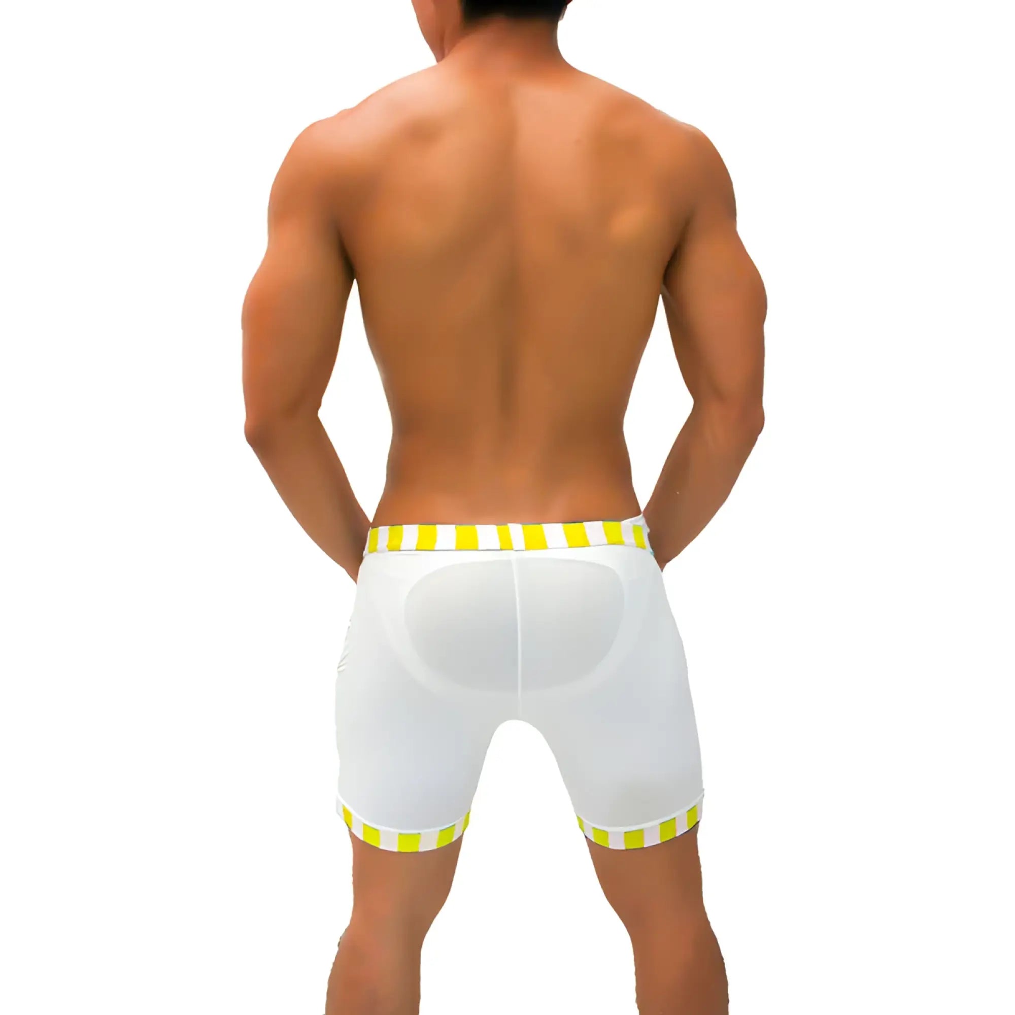 White icker sea lines candy stripe trim athletic shorts with yellow white striped waistband translucent padded back panel