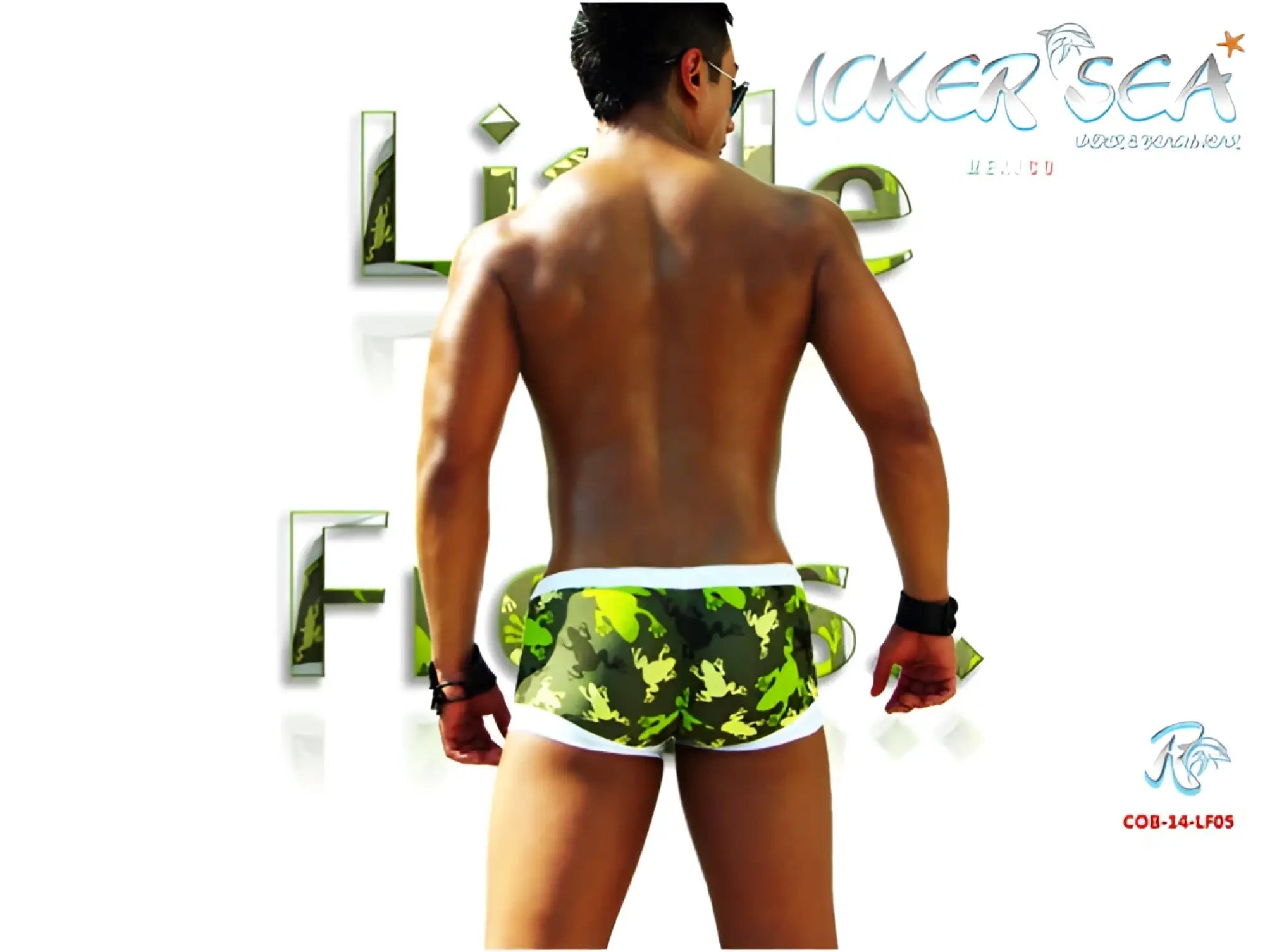 Icker Sea little frogs low square cut swim trunks in green camouflage with white trim for beachwear and swimming
