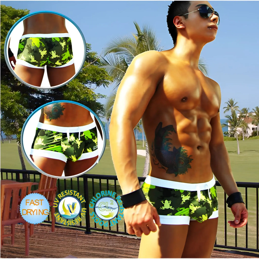 Icker sea little frogs low square cut swim trunks with green black camouflage and white trim for swimwear use
