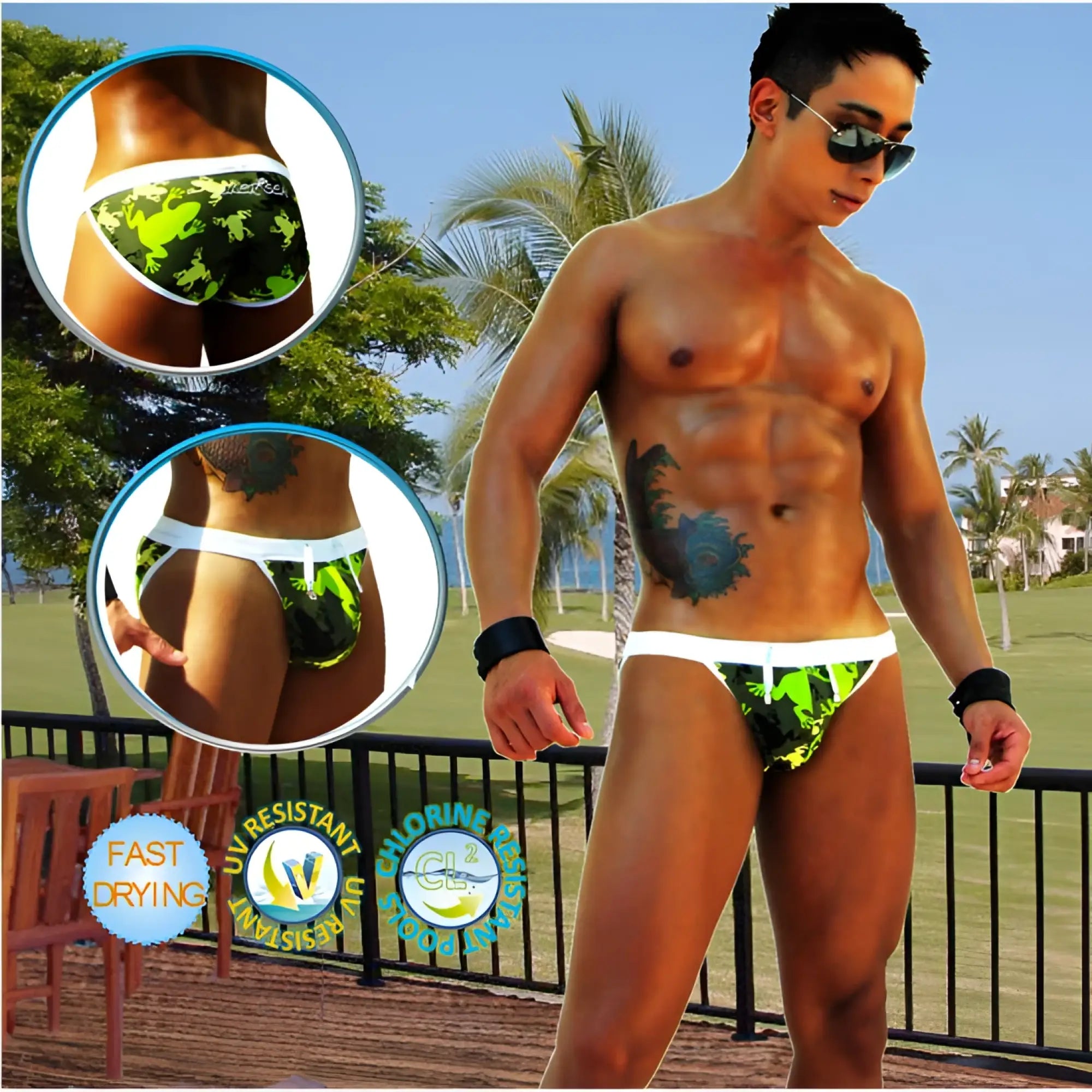 Icker Sea Little Frogs microslip bikini swimwear green and black camouflage swim trunks with white waistband front view