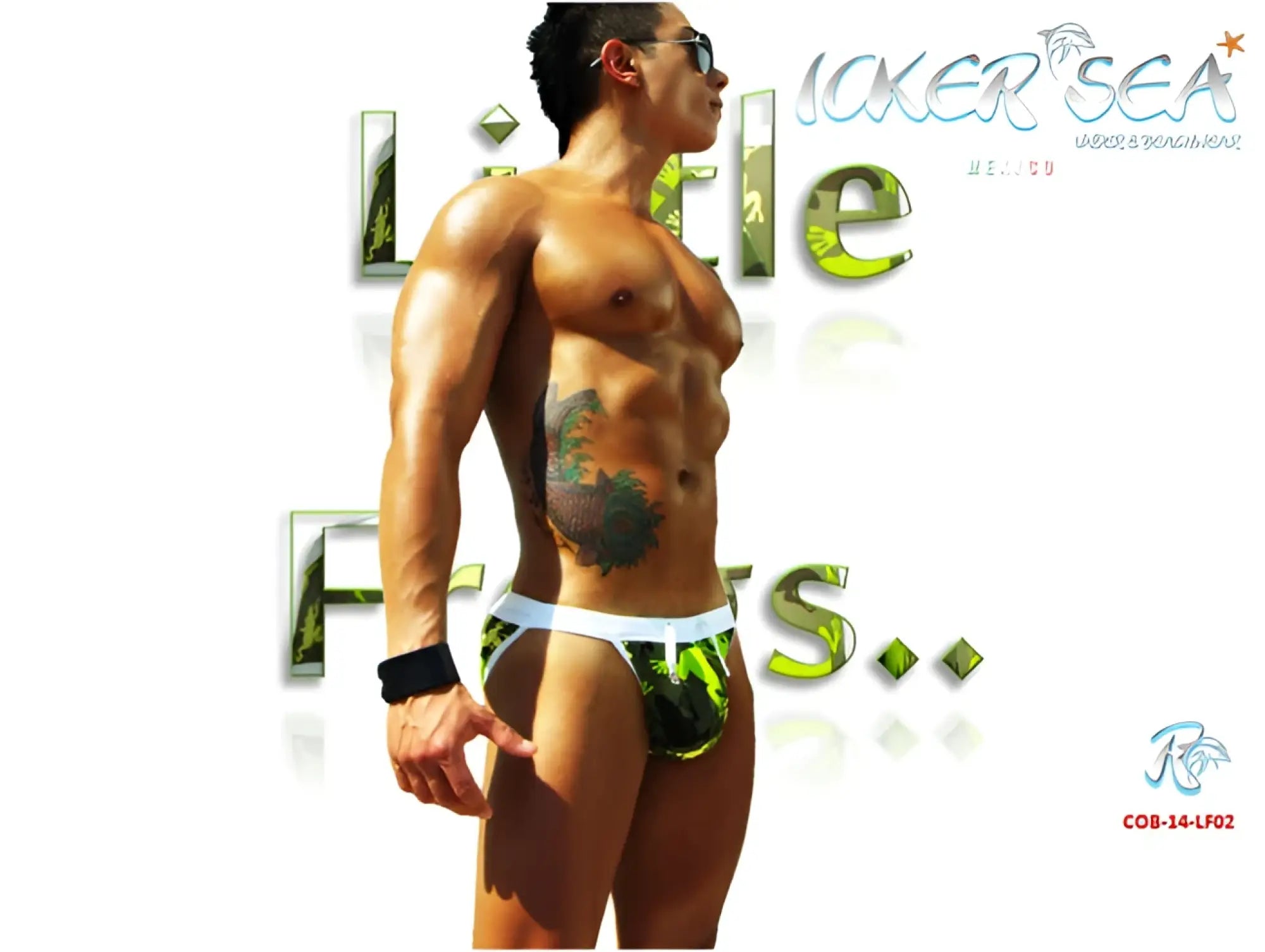 Green and black patterned Icker Sea Little Frogs microslip bikini swimwear with white waistband designed for swimming