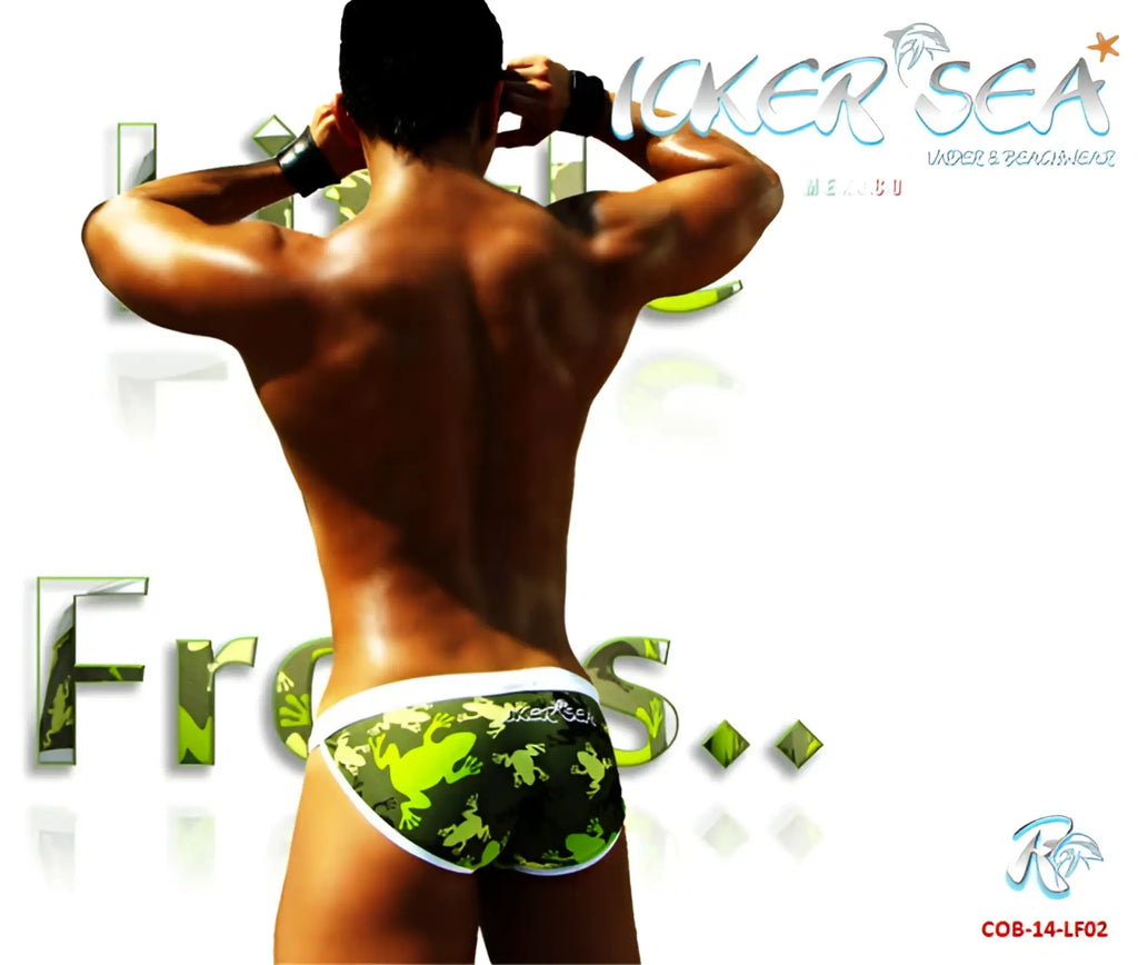 Icker Sea little frogs microslip bikini swimwear green frog patterned with white trim and jocker sea logo