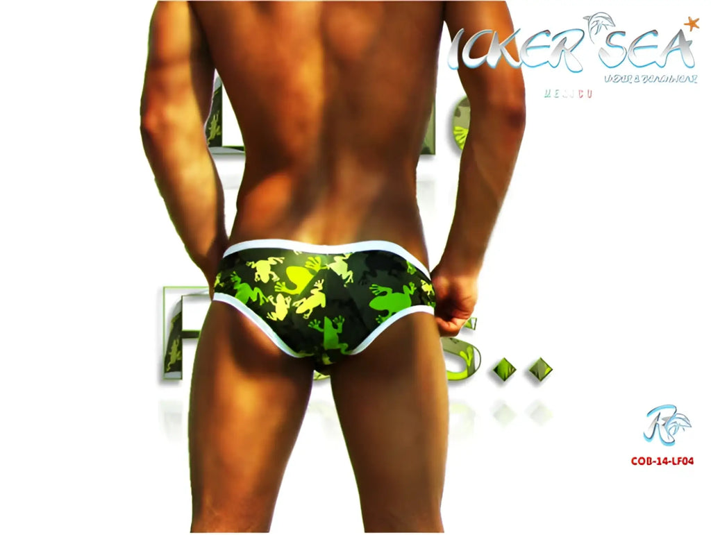 Green and black camouflage swim trunks with white trim from icker sea little frogs mini bikini swimwear collection
