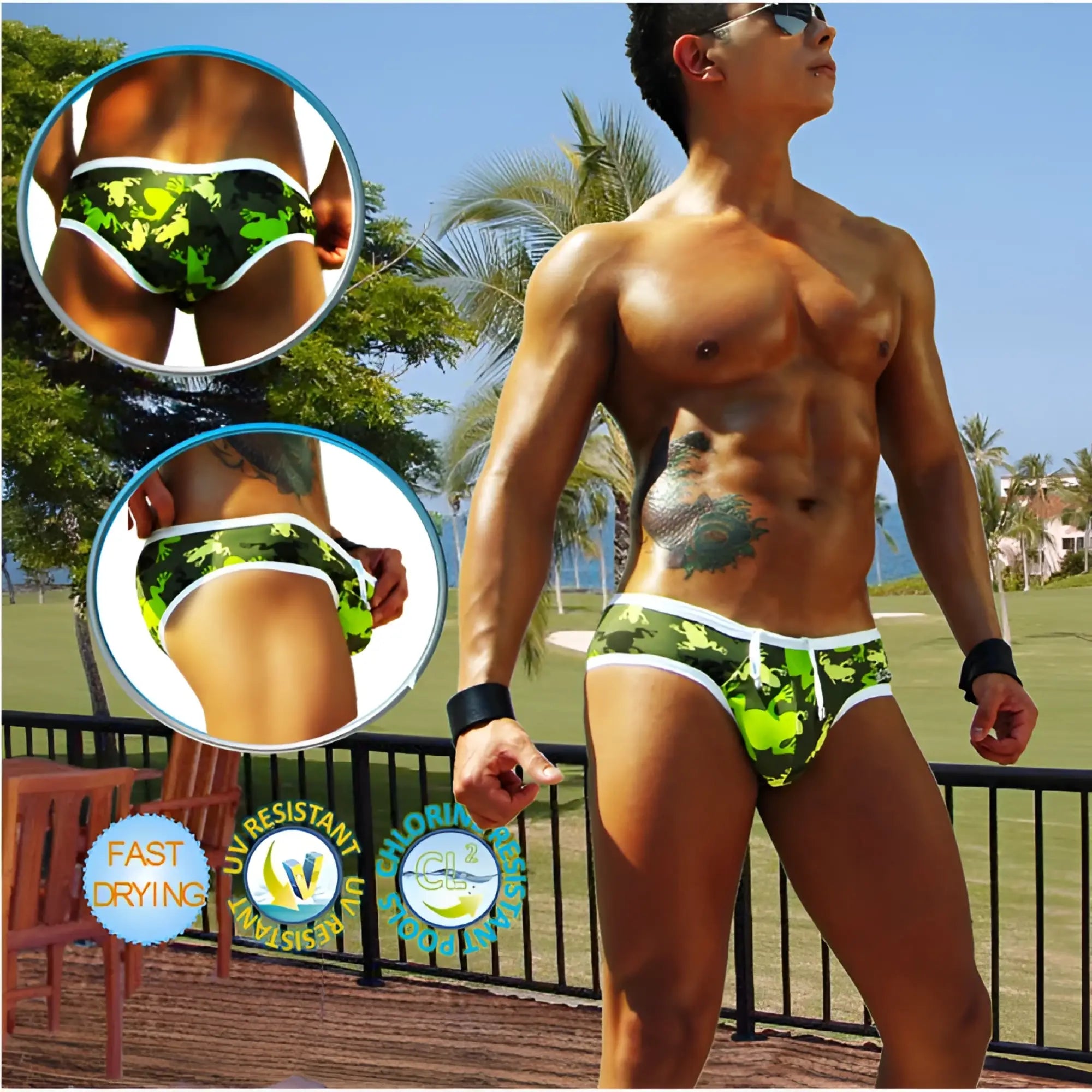 Icker Sea little frogs mini bikini swimwear in green and black camouflage swim trunks with white trim front view