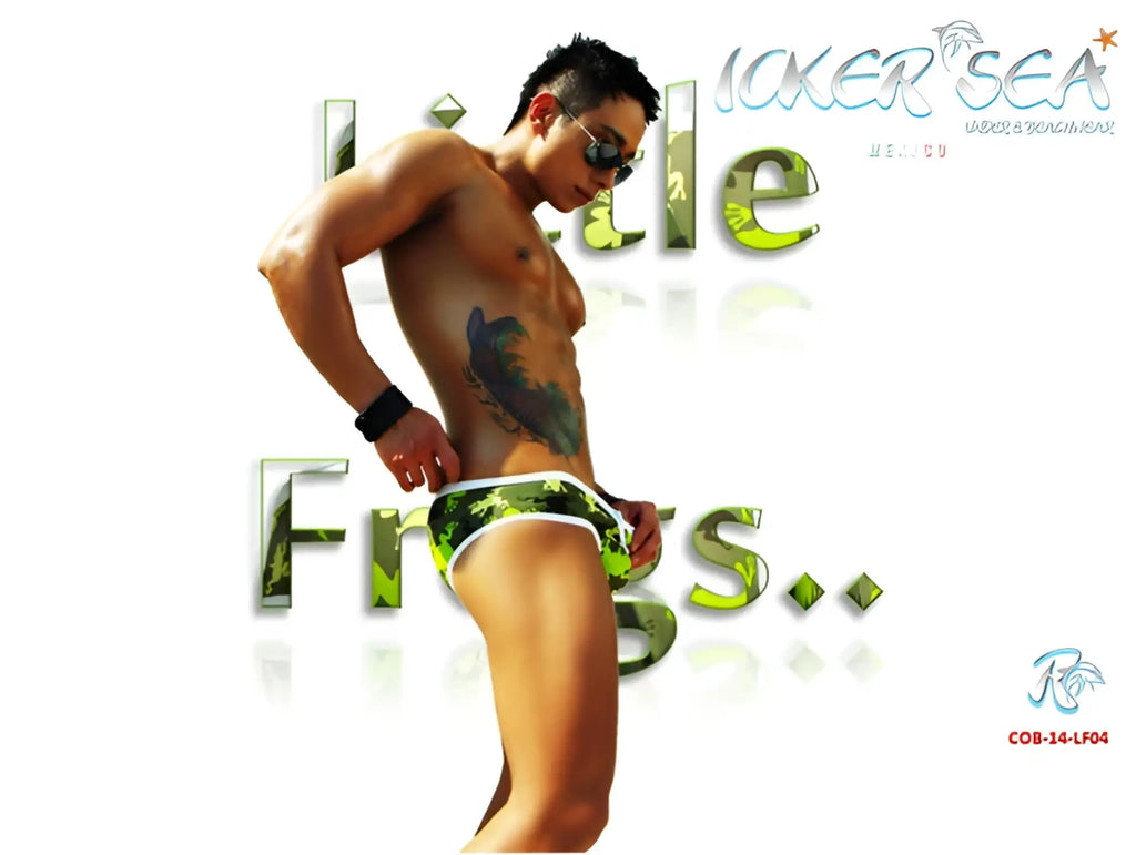 Icker Sea Little Frogs mini bikini swimwear featuring green and black camouflage patterned swim trunks front view