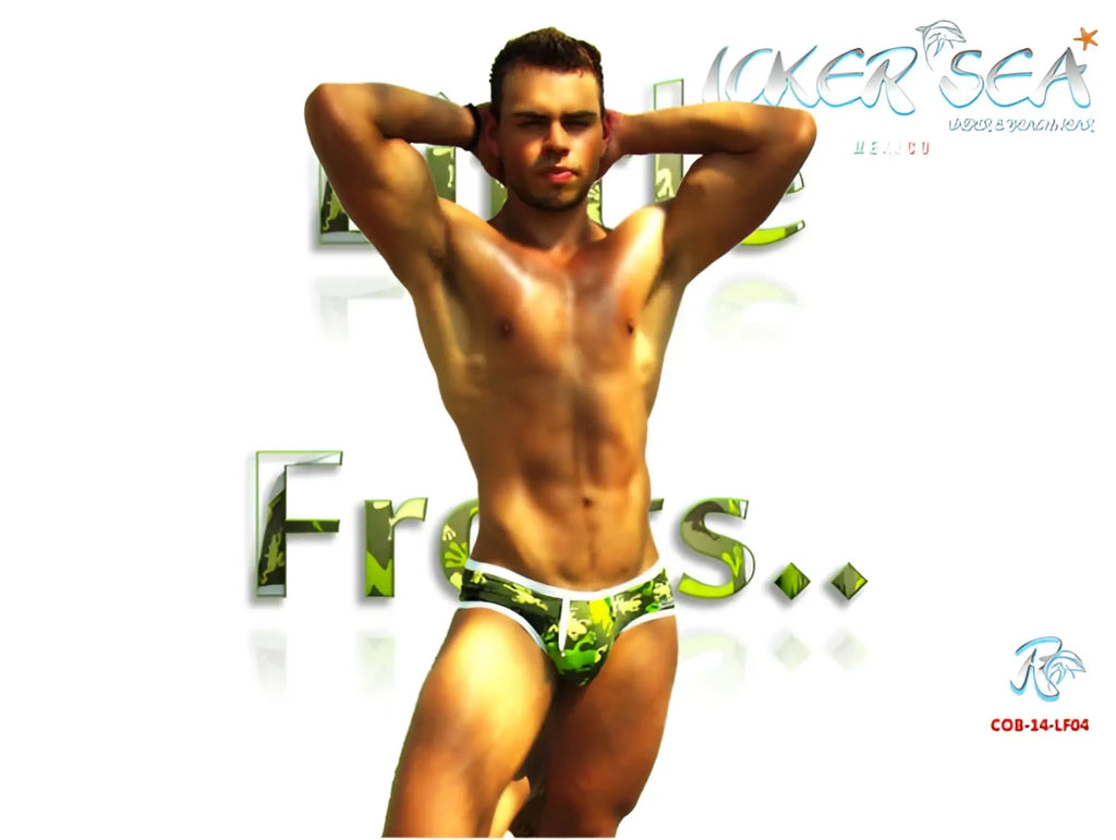 Icker Sea Little Frogs mini bikini swimwear with green and white tropical leaf patterned swim trunks