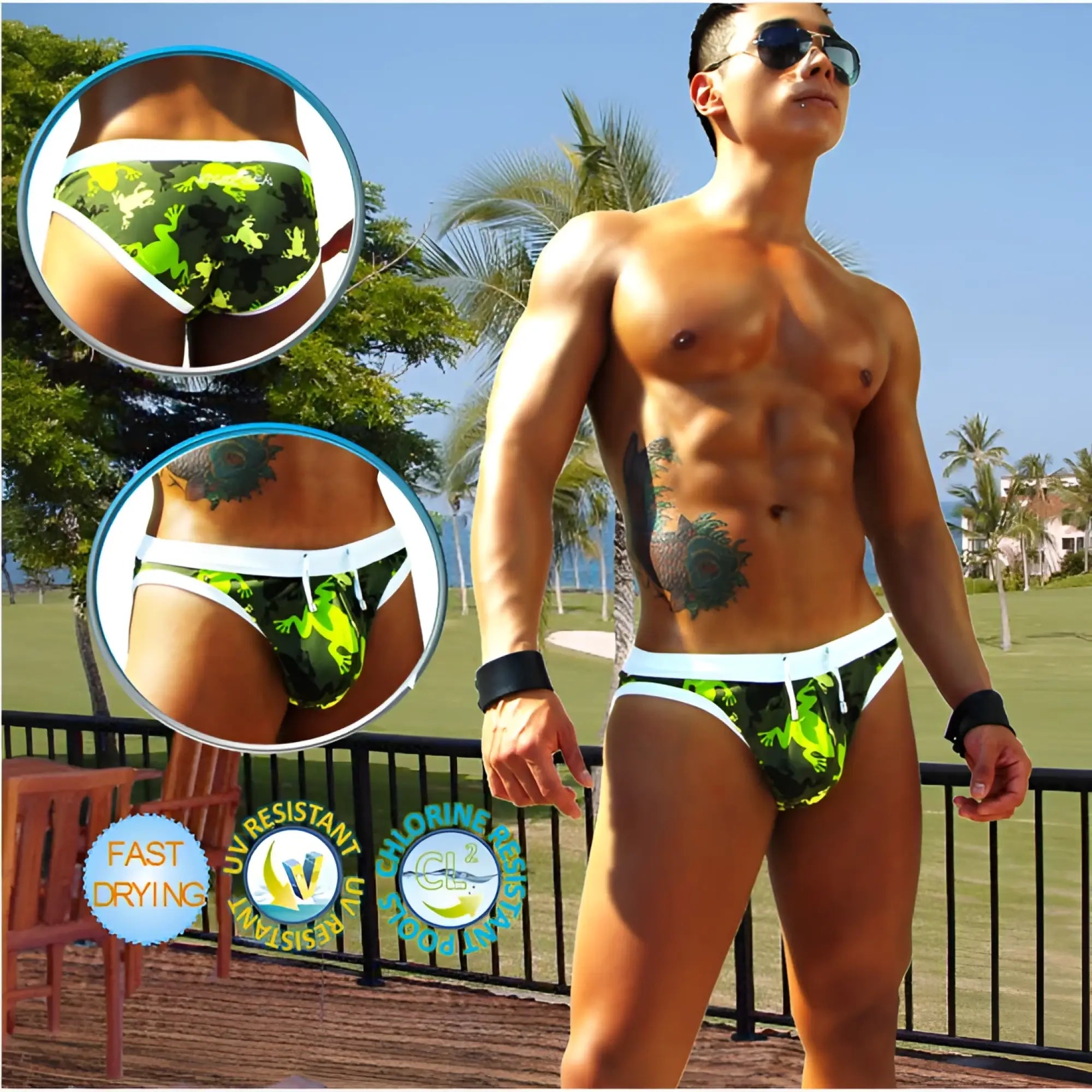 Icker Sea little frogs slip bikini swimwear in green and black camouflage patterned swim trunks with white trim