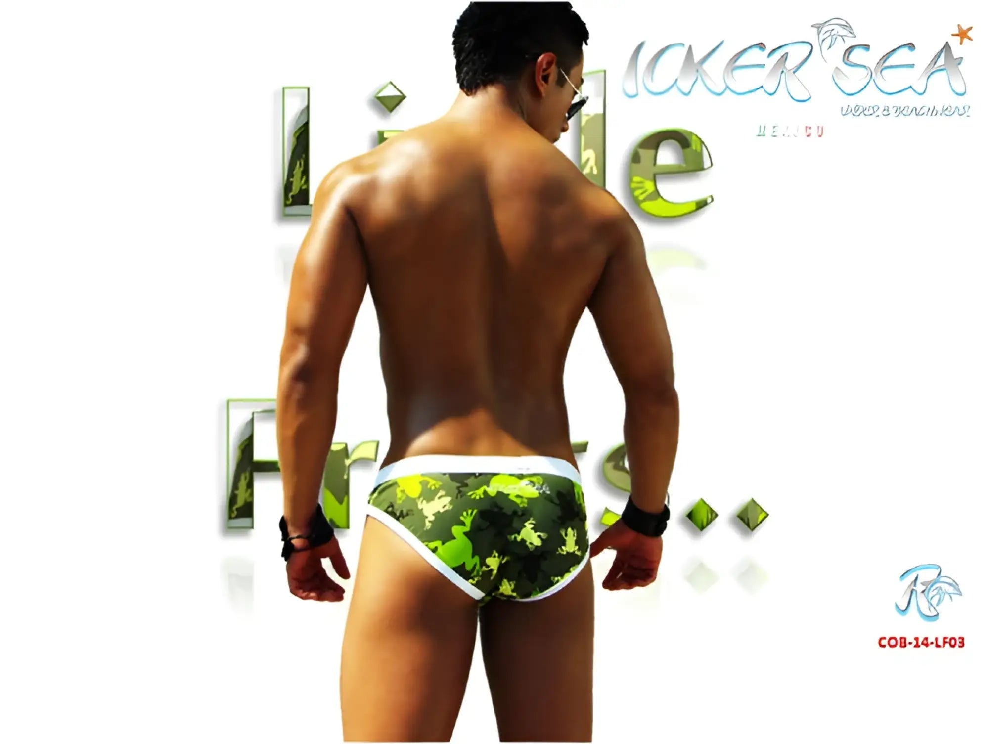 Icker Sea little frogs slip bikini swimwear green and black camouflage patterned swim trunks with white trim