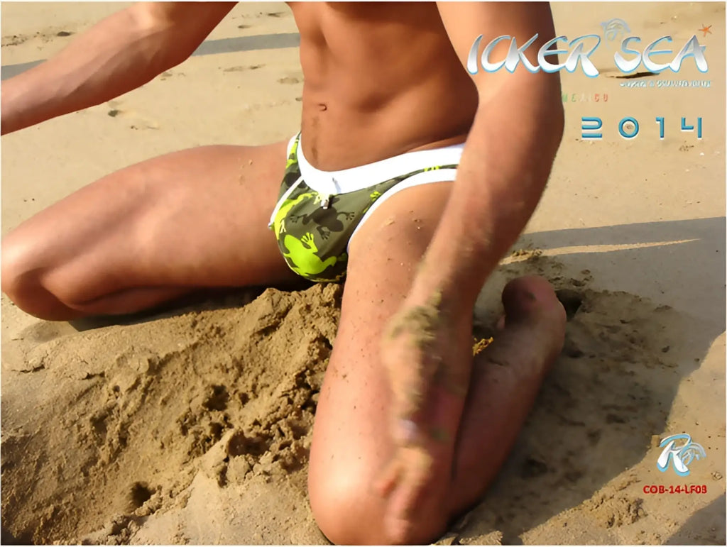 Icker sea little frogs slip bikini swimwear with vibrant neon green and black camouflage swim trunks with white trim