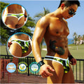 Green and black camouflage patterned swim trunks with white trim from icker sea little frogs tanga thong swimwear