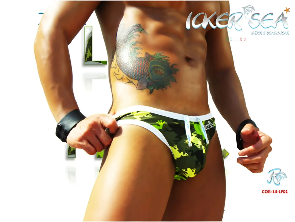 Icker Sea little frogs tanga thong swimwear in green and black camouflage with white trim for swim use