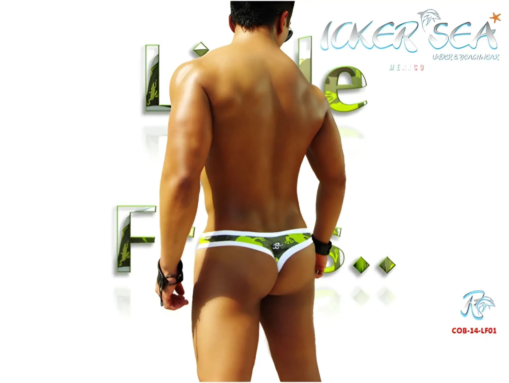 Icker Sea little frogs tanga thong swimwear in green and black patterned fabric with white trim for beachwear