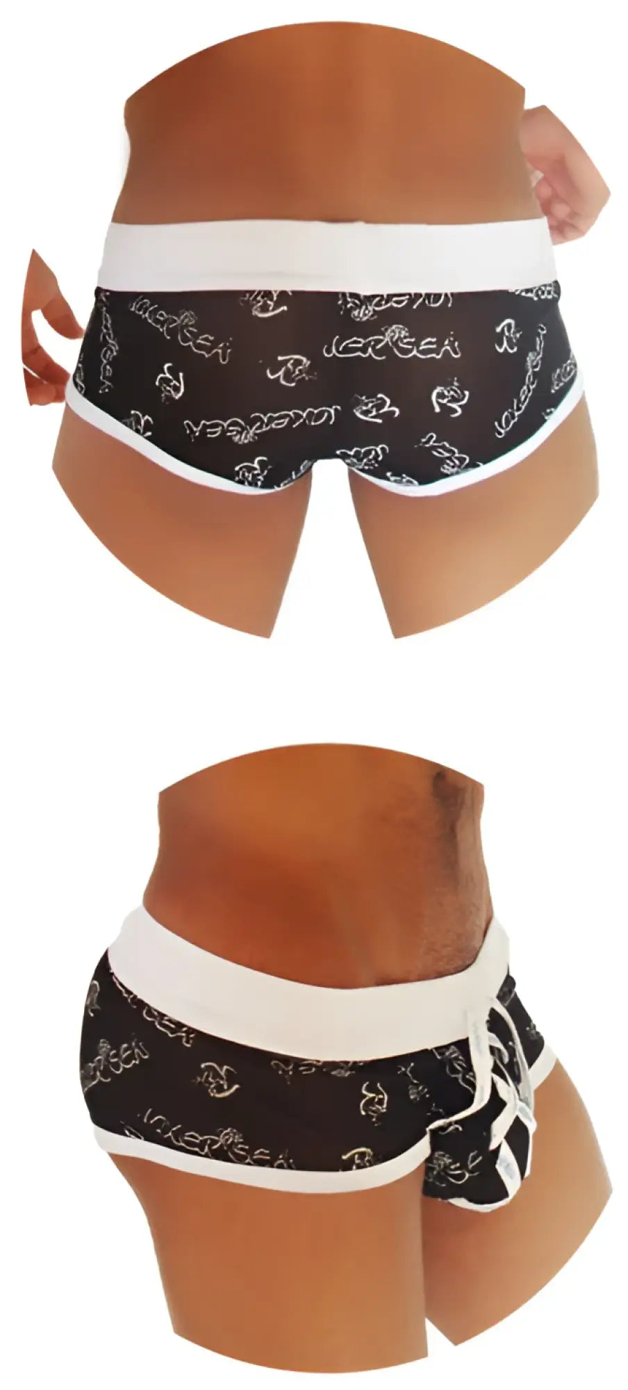 Black men’s briefs with white trim featuring a repeating iced sea logo pattern in mesh lace front design