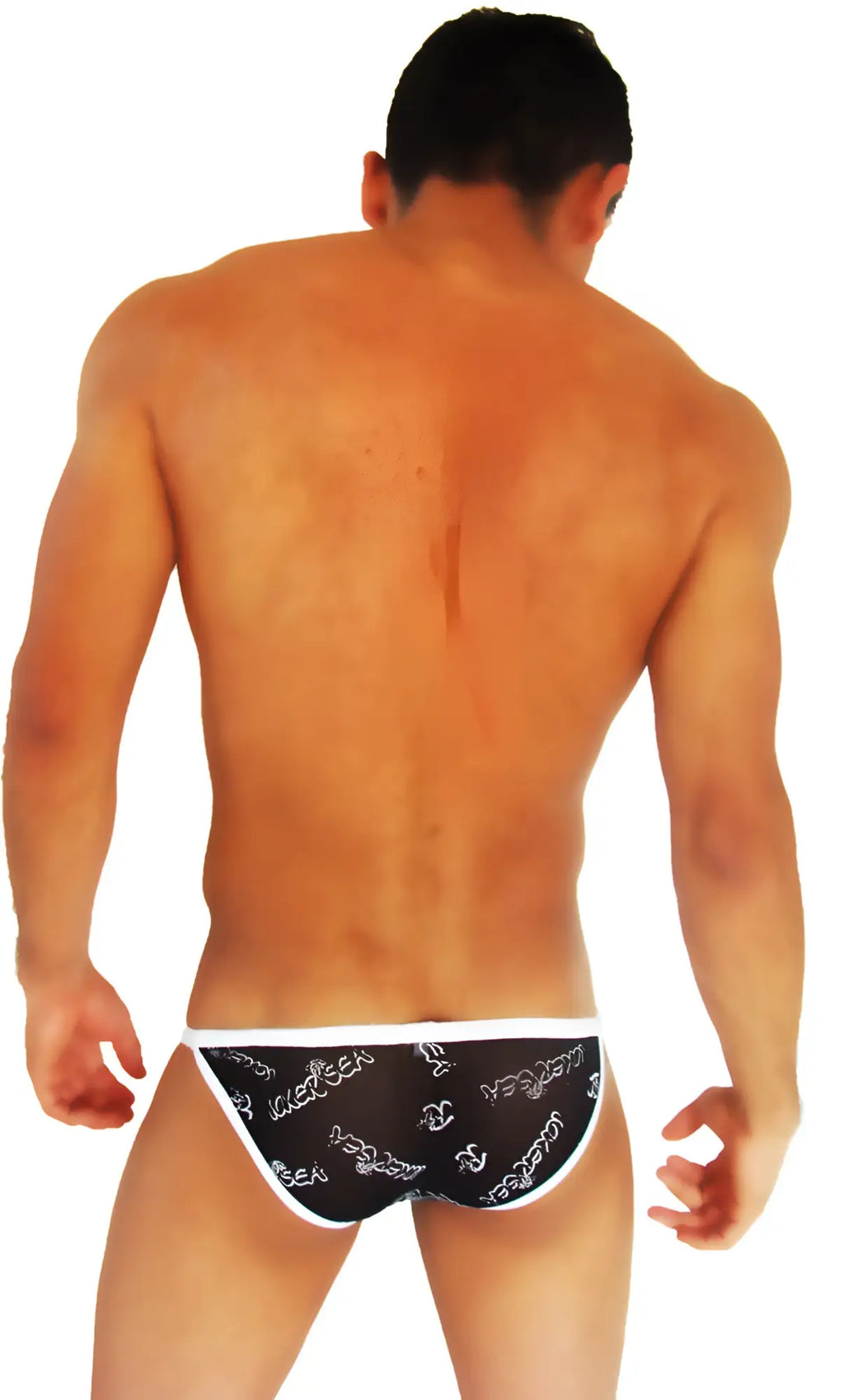 Black briefs with white trim featuring a repeating venum logo pattern in icker sea logo mesh microslip bikini underwear