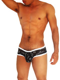 Black briefs with white trim featuring a repeating stylized figures pattern icker sea logo mesh mini bikini underwear