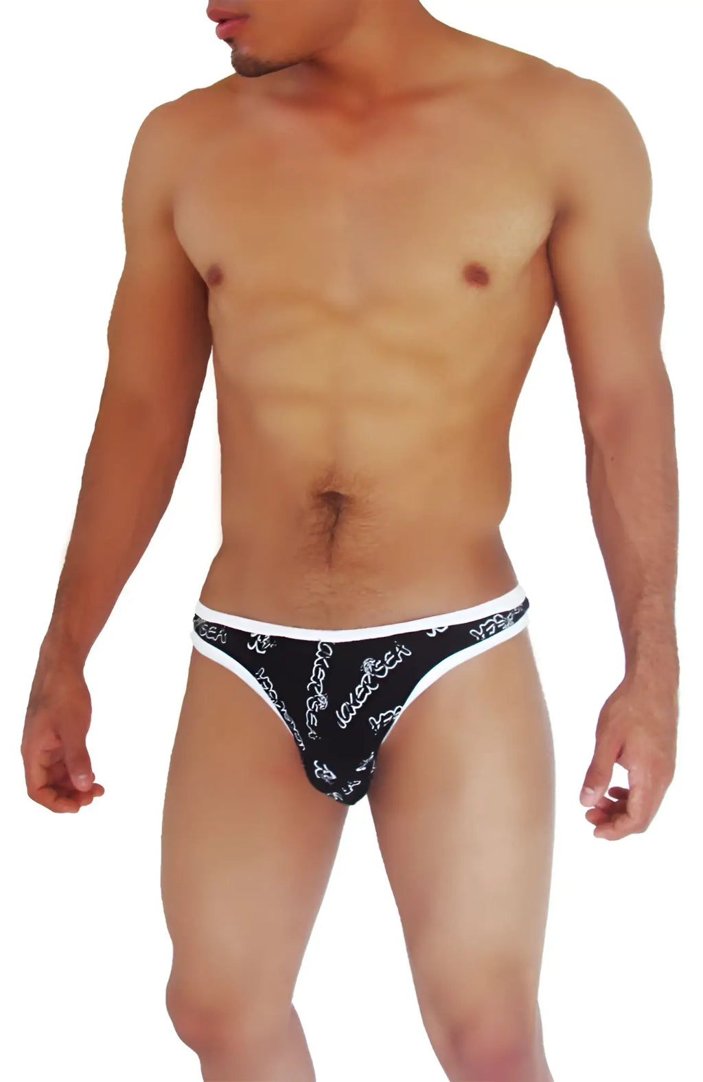 Black and white patterned Icker Sea logo mesh thong underwear with bold repeating ladies sex design