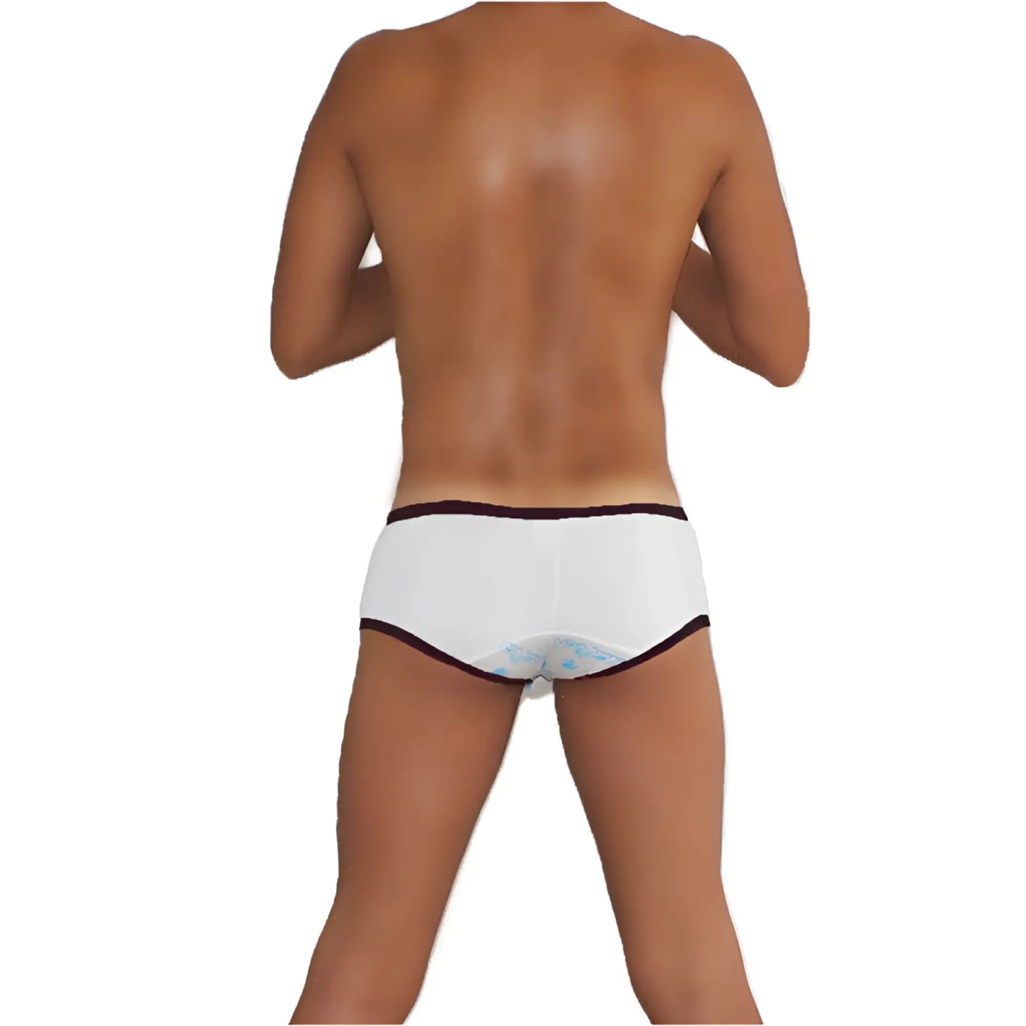 White icker sea logo pouch mini boxer briefs with black contrast trim and subtle blue pattern on the back side