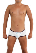 Icker Sea logo pouch contrast trim mini boxer brief underwear in white with a subtle blue pattern and black trim