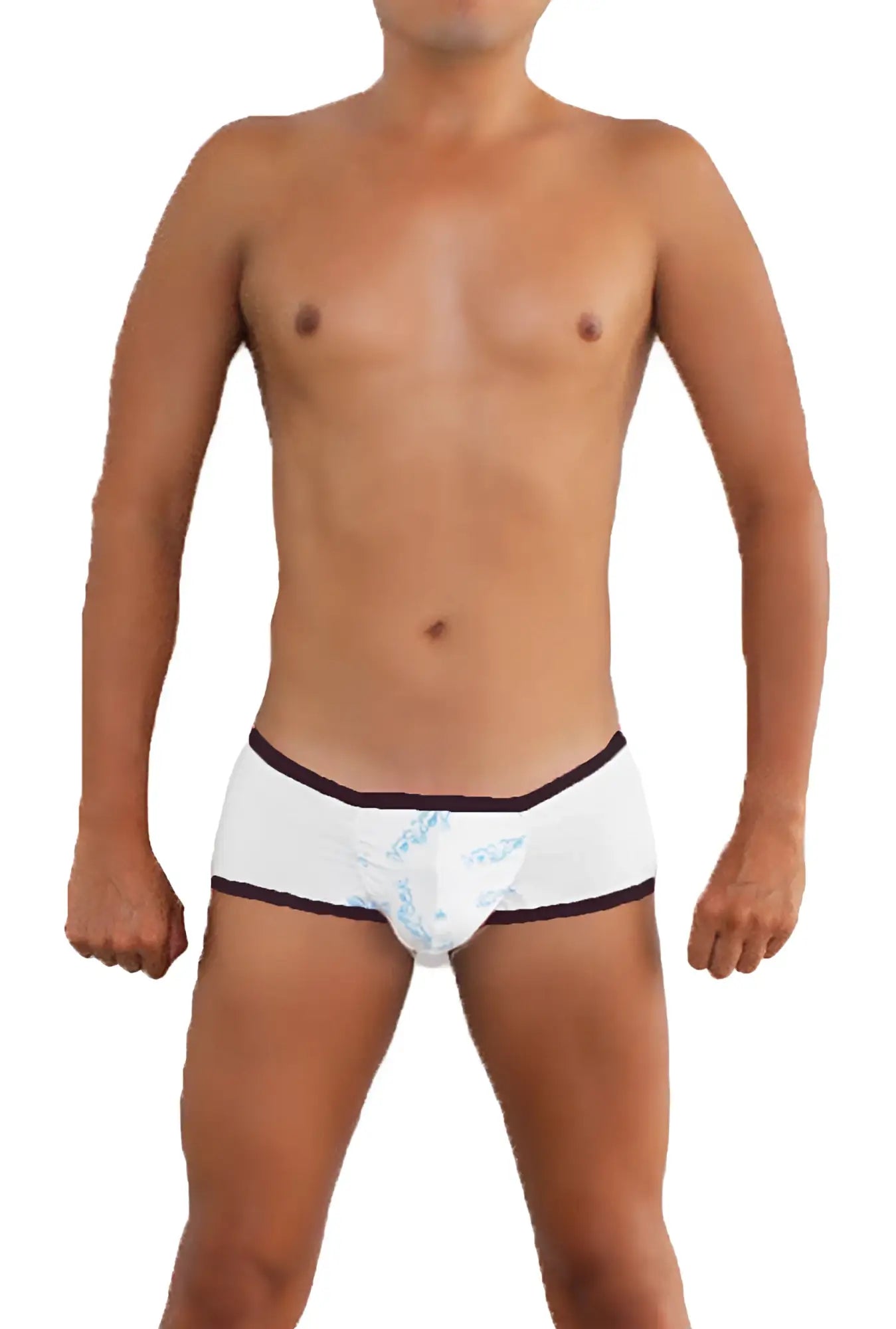 Icker Sea logo pouch contrast trim mini boxer brief underwear in white with a subtle blue pattern and black trim