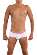 Icker Sea logo pouch contrast trim mini boxer brief underwear in white with fuchsia trim and subtle blue pattern