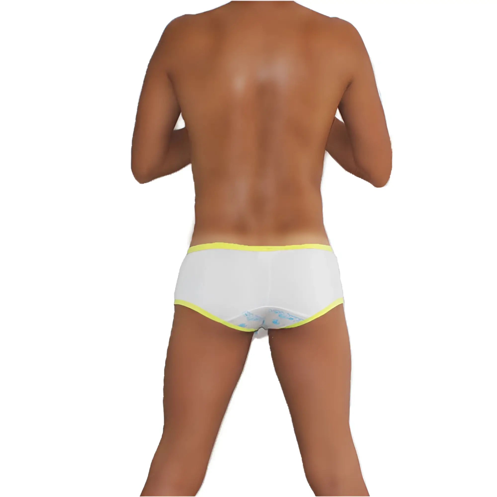 White icker sea logo pouch mini boxer brief underwear back with bright yellow trim and light blue floral pattern