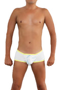Icker sea logo pouch contrast trim mini boxer brief underwear white with light blue leaf pattern and yellow trim