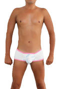 White icker sea logo pouch mini boxer brief underwear with pink trim and light blue abstract patterns