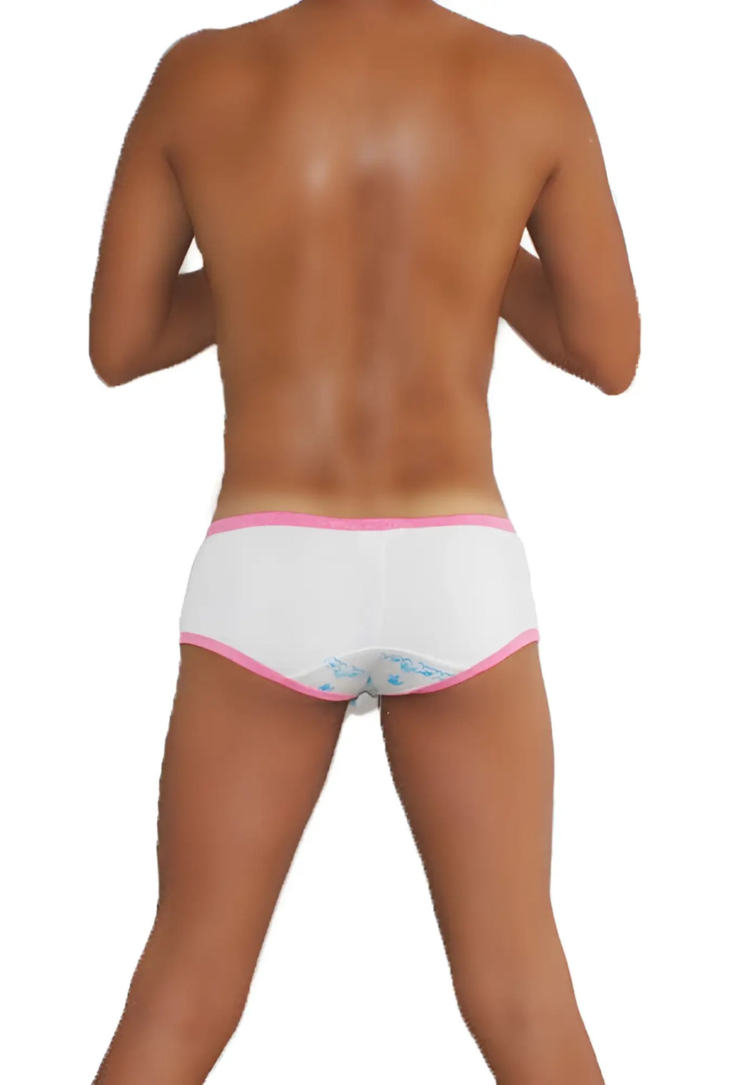 White icker sea logo pouch mini boxer briefs with pink trim and subtle blue floral pattern on the back