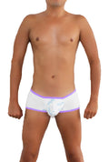 Icker sea logo pouch contrast trim white briefs with light purple waistband and subtle blue patterned accents