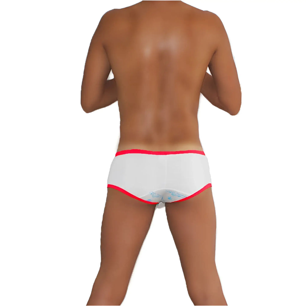 White icker sea logo pouch contrast trim mini boxer brief underwear back side with bright pink trim and subtle blue pattern