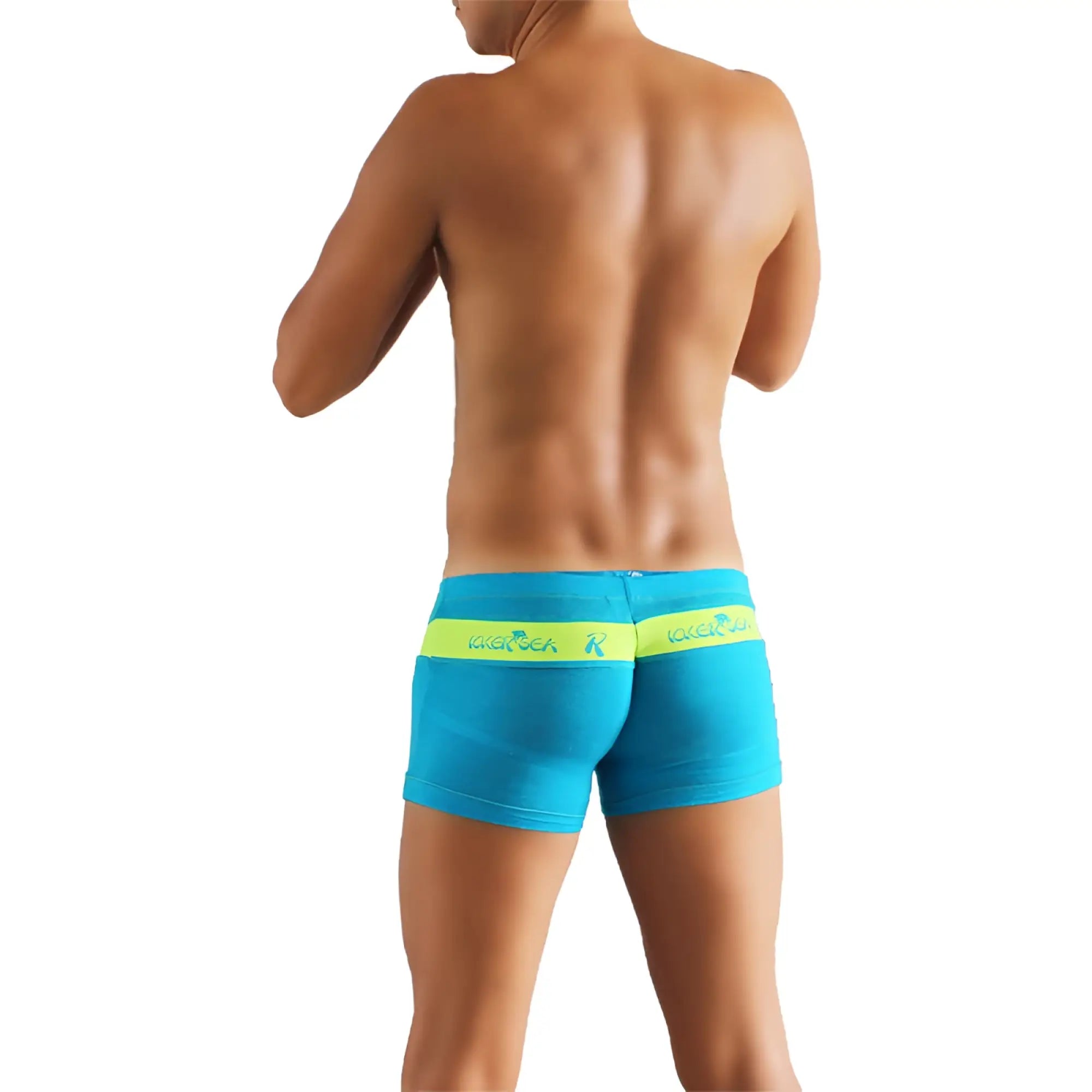 Bright blue boxer briefs with neon yellow rocker logo waistband from icker sea logo stripe collection shr 16 01
