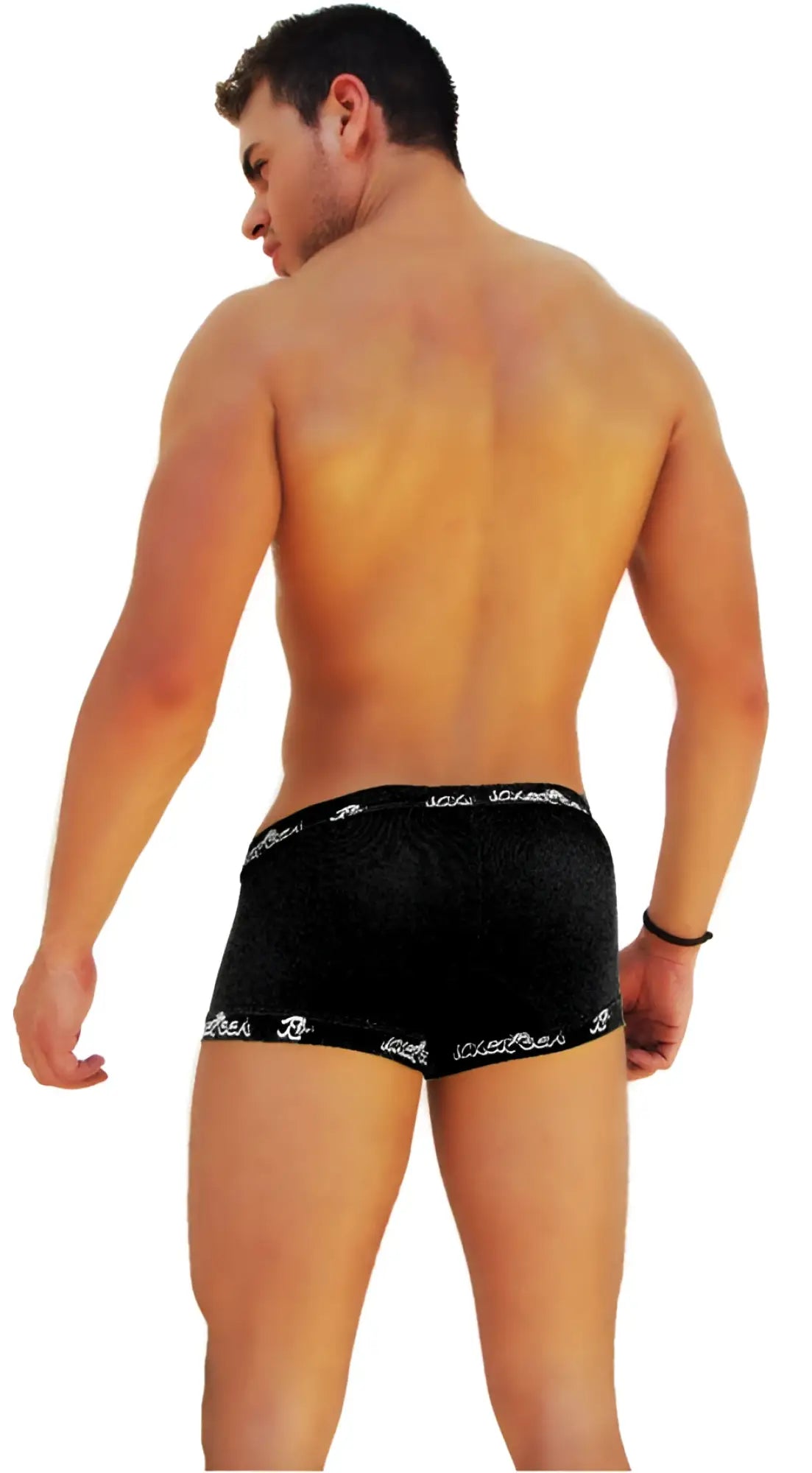 Black velvet boxer briefs with white embroidered logo trim on waistband and leg openings from icker sea