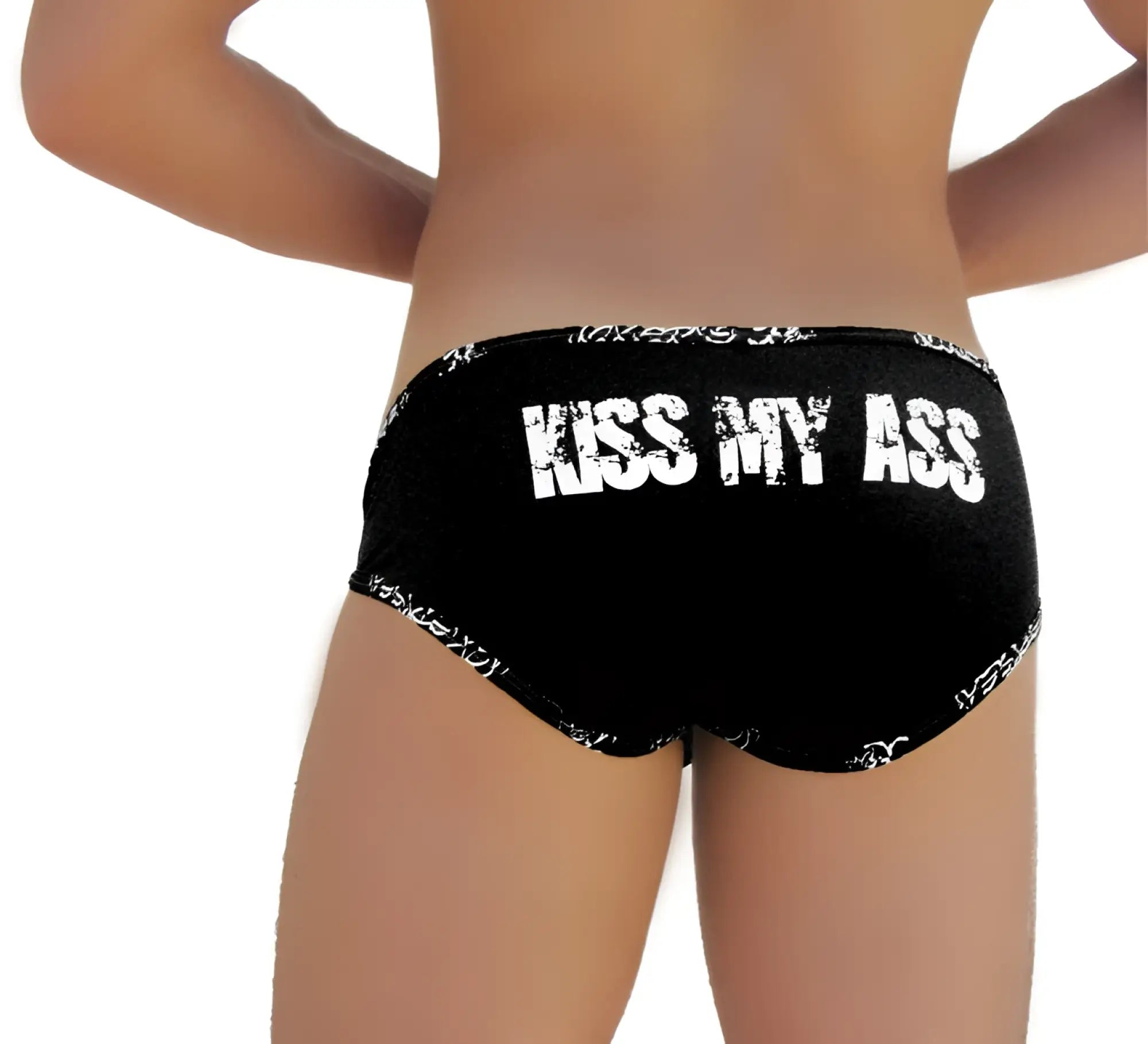 Black briefs with white distressed kiss my ass text on back side from icker sea logo trim collection