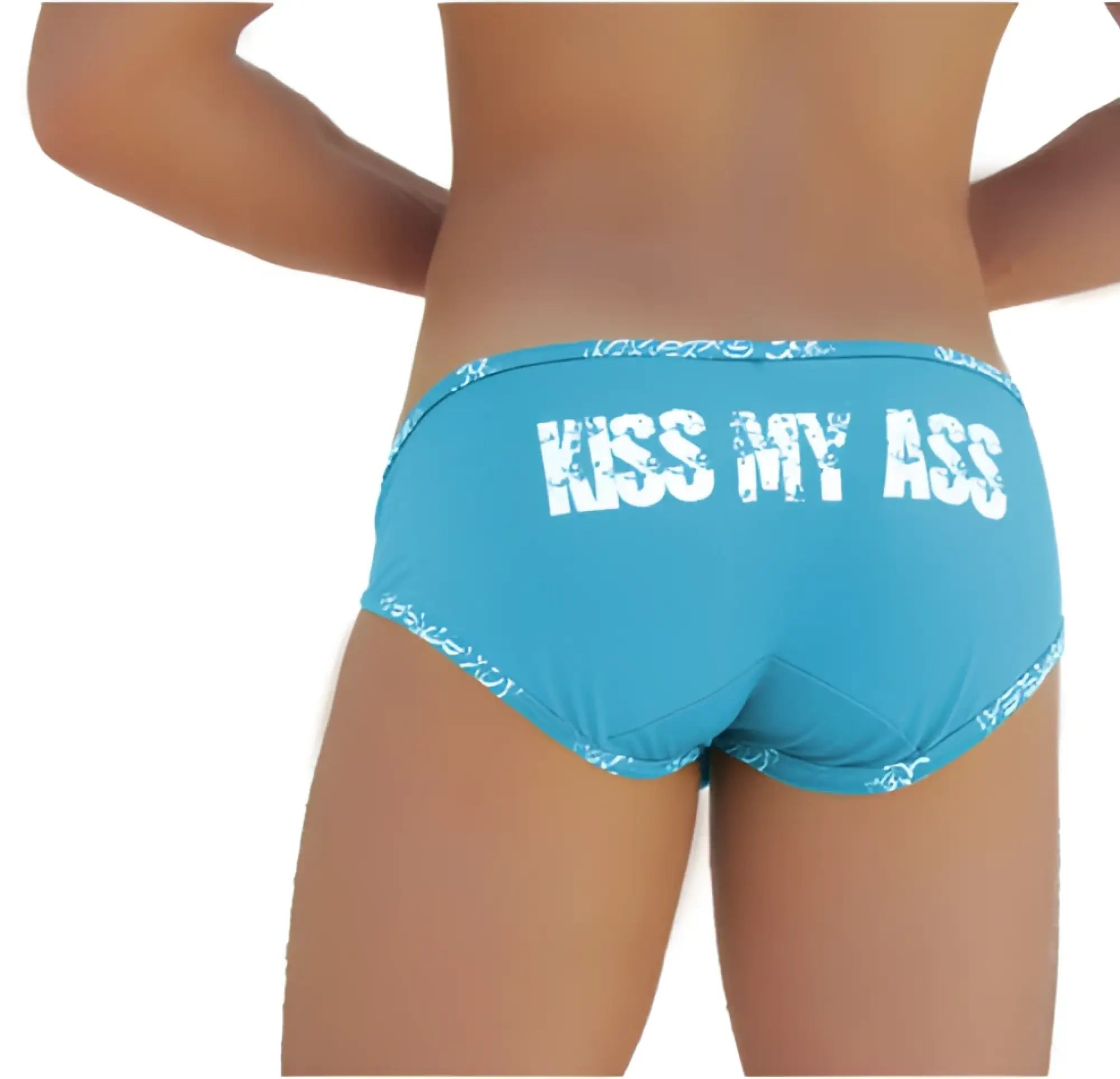 Blue icker sea bikini brief with distressed kiss my ass text on the back in white color COI-14-BLUE-03