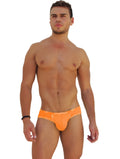 Bright orange Icker Sea logo trim Kiss My Ass briefs with decorative lace waistband for men’s underwear