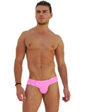 Bright pink Icker Sea men’s briefs with lace trim and subtle white logo pattern on waistband for bold style