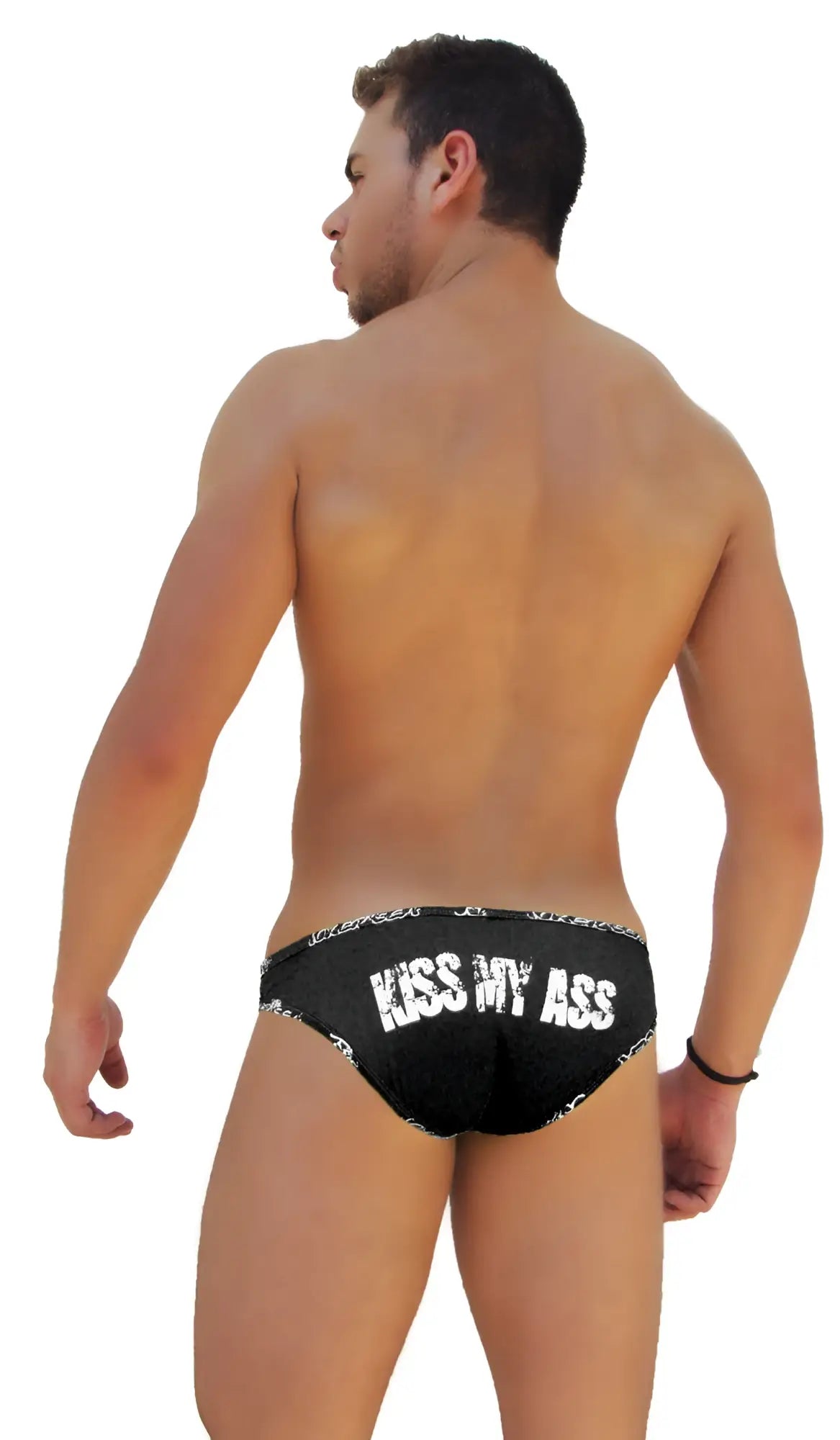 Black icker sea logo trim kiss my ass slip bikini underwear featuring white text and bandana style waistband pattern