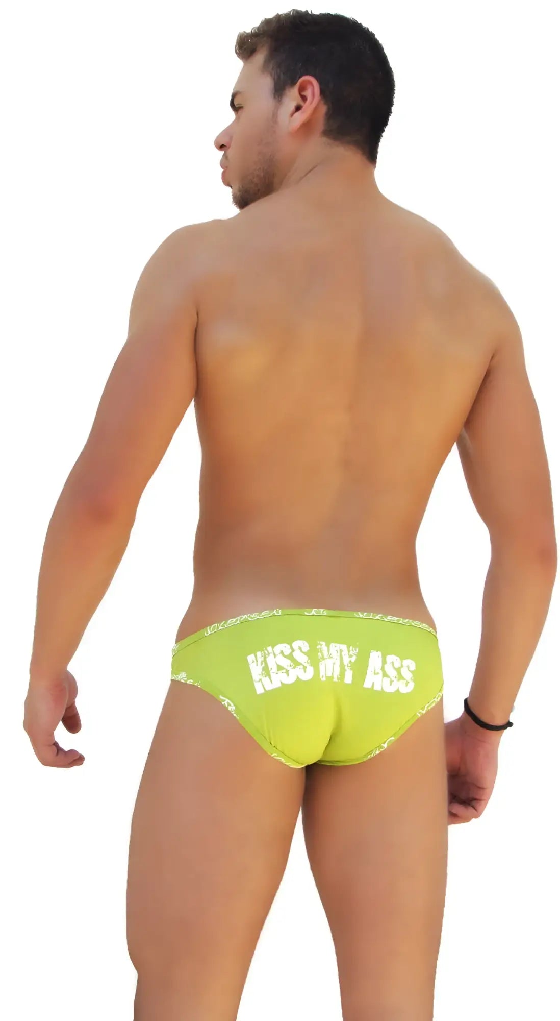 Bright lime green icker sea logo trim kiss my ass slip bikini underwear showing the back with white text