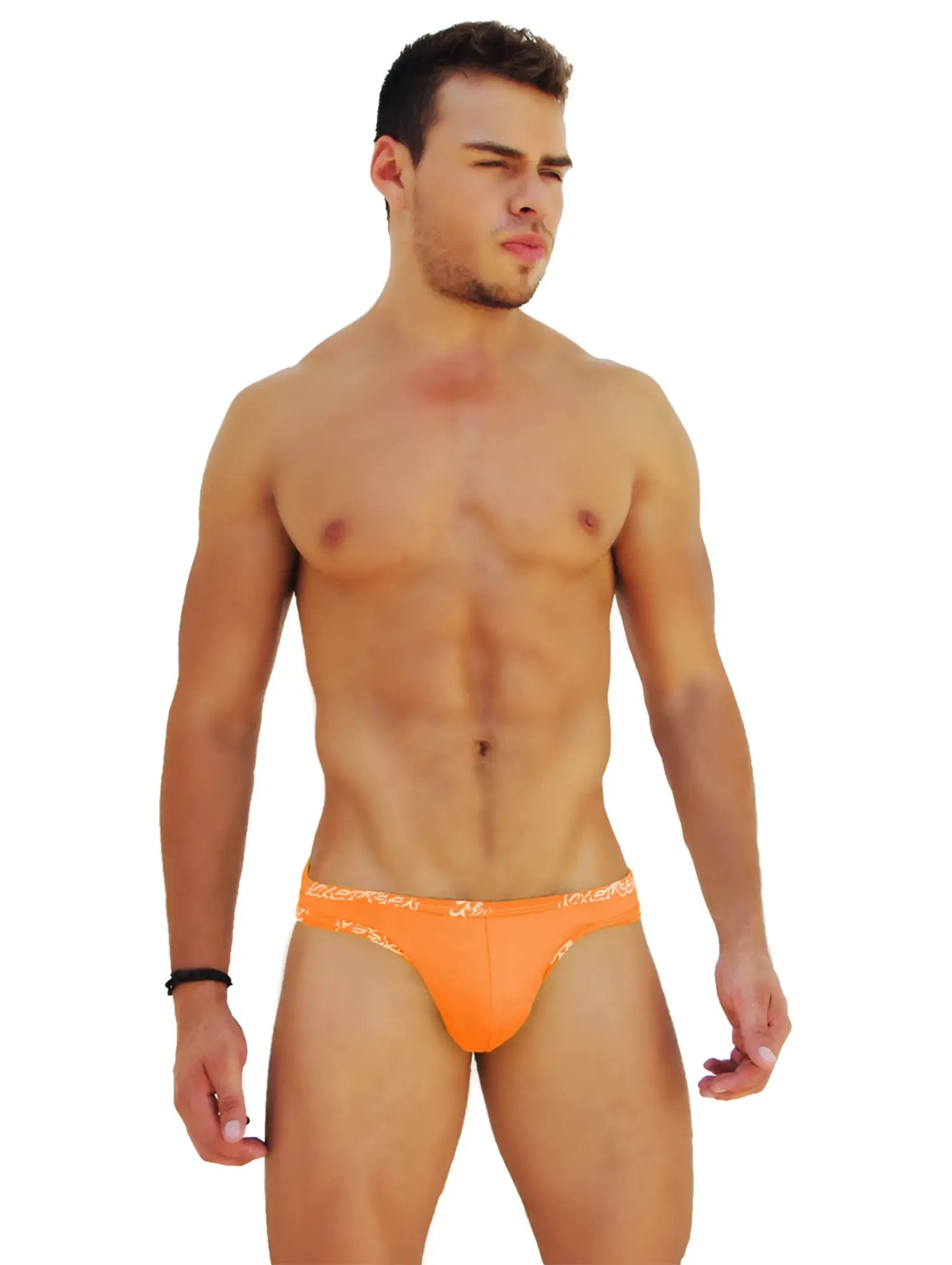 Bright orange icker sea logo trim kiss my ass slip bikini underwear with subtle patterned waistband