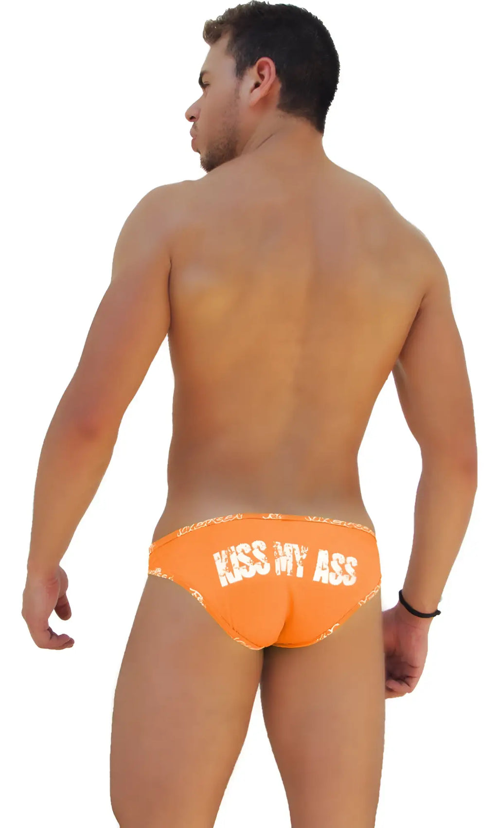 Orange icker sea slip bikini underwear with kiss my ass text and decorative waistband trim in bright orange