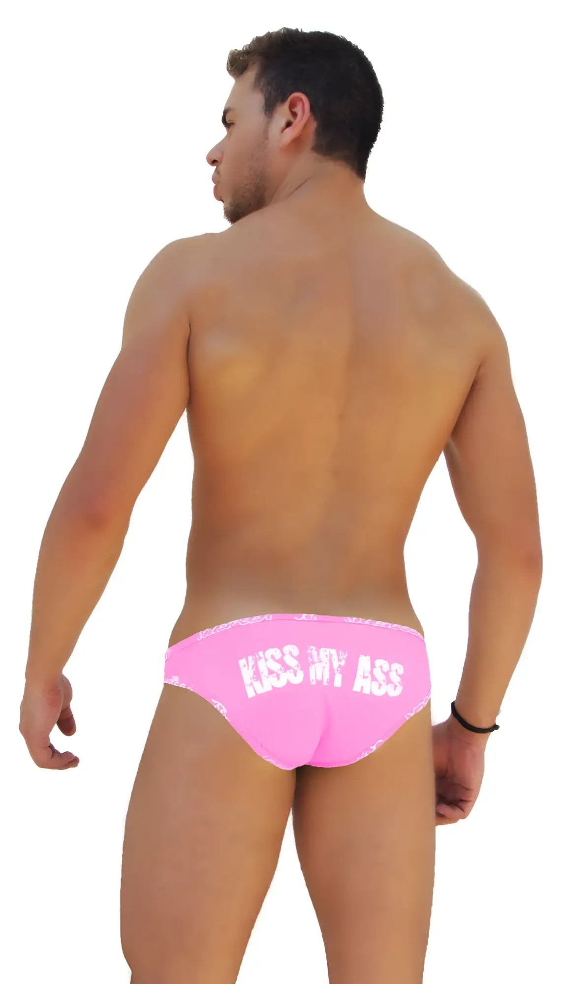 Back side of bright pink icker sea logo trim kiss my ass slip bikini underwear with white text across the back