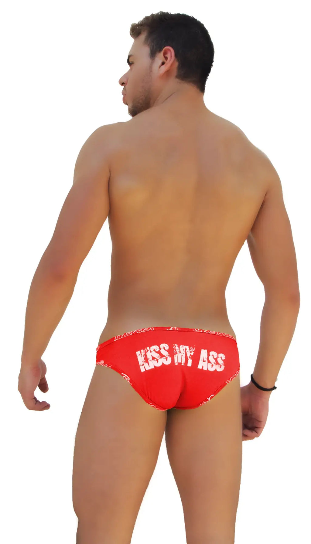Red icker sea logo trim kiss my ass slip bikini underwear with white text and decorative waistband pattern