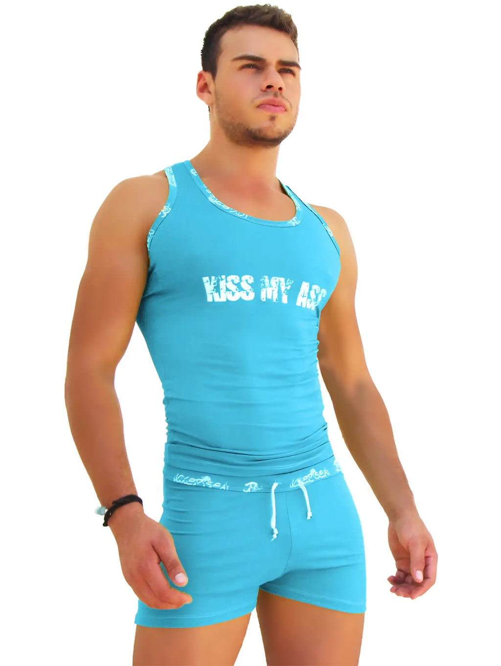 A bright turquoise sleeveless tank top with white icker sea logo lettering and a matching drawstring waistband