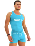 A bright turquoise sleeveless tank top with white icker sea logo lettering and a matching drawstring waistband