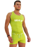 Bright lime green icker sea logo trim tank top with white kiss my ass text across the chest